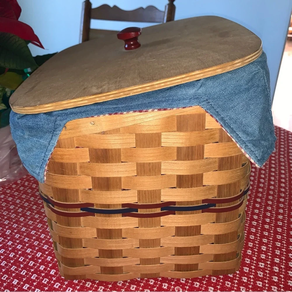 Peterboro Basket Co. NH Heart Knob Wood Covered Basket Gingham Denim Cloth